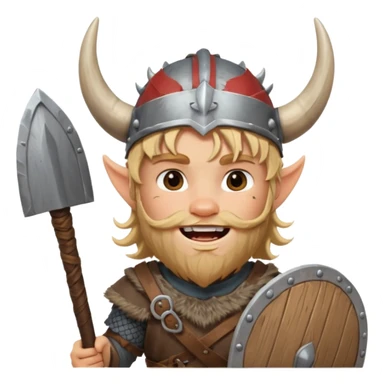 A young Viking warrior with messy hair painted cheeks, wooden shield, and fierce excited grin with horned helmet sticker