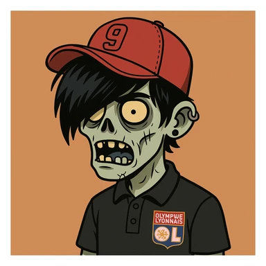 zombie boy with black emo hair and piercing, black polo shirt with Lyon logo, red cap with a '9', cartoon style sticker