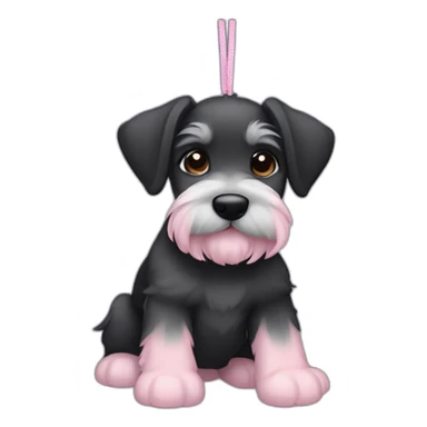 female puppy color "black and dark gray" breed medium Schnauzer with hanging ears hanging ears and a pale pink string around its neck sticker