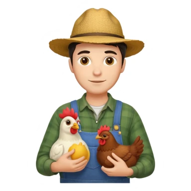 UN HOMBRE VESTIDO DE GRANJERO PIEL CLARA Y PELO OSCURO CON UNA GALLINA  sticker