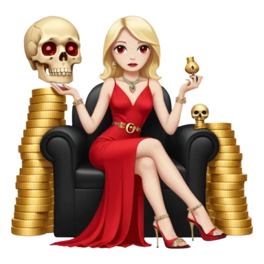 Lilith symbol red eye seductress evil shoulder length blonde haired powerful woman with Gucci  long dress with slit, sitting on of gold and diamonds. Black Platform high heels on feet. seat full of stacks,  dead human skull of her enemies in her other hand sticker