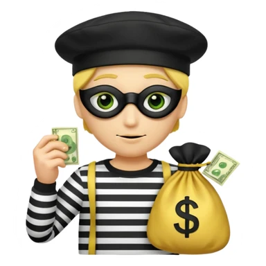 Create a high-quality emoji-style illustration of a cartoon thief character. The character should have a yellow face, wearing a black eye mask and a black beret. He is dressed in a black-and-white striped shirt. In one hand, he's holding a golden money bag with a green dollar sign on it.  sticker