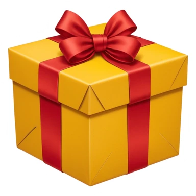 box with yellow wrapping paper and a length of red ribbon surrounding it on the ground so you can see most of the box's cardboard sticker