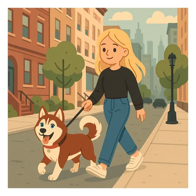 Cute Blonde woman wearing a black sweater and jeans and white sneakers walking a happy red-brown blue-eyed Siberian husky in New York City on an upper east side city sidewalk, flat toon style  sticker
