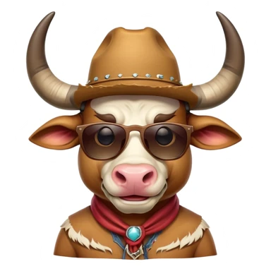 friendly anthropomorphised bull head with horns, wearing sunglasses and a cowboy hat sticker