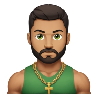 green eyes, dark short hair, muscular shoulders, wide cross, gold chain, big lips big nose big eyes, masculine good looking, dark beard, muscular strong looking sticker
