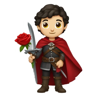 caucasian boy dark hair musketeer with red rose shoulder medieval cape and sword sticker