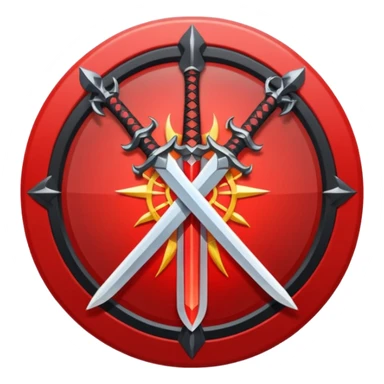Make an mmo rpg red sword class icon inside of a round emblem in anime style sticker