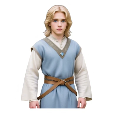 Medieval spring outfit worn by a DnD themed fantasy male character. Dove gray wool tunic with subtle silver threading at the edges, fastened with a woven belt of mixed natural fibers. Clothes only above the waist, full waist coverage. The character has no arms. Character is white-skinned with honey blonde hair, crystal blue eyes, and medium-length straight hair with wispy ends. sticker