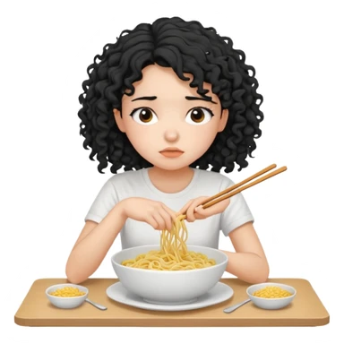 generate a pretty bratz fair skinned girl with curly black hair wearing a white tshirt sitting on a table with noodles. looking sleepy and tired sticker