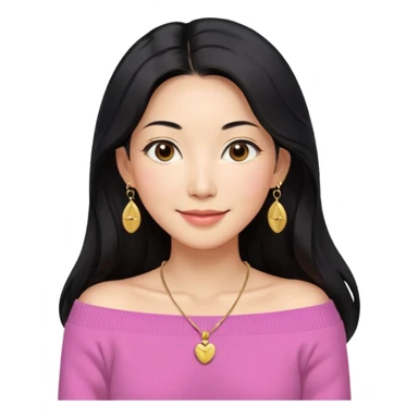 South Korean girl in her mid-thirties with long black hair with a middle part. She is wearing a pink, off the shoulder long sleeve knit sweater, extra small gold earrings and a gold necklace. She has brown eyes with narrow, mono lid shape and smiling with lips together sticker
