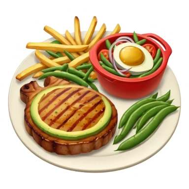 pork chops, fries, tomato onion salad, beans, and avocado on the side  sticker