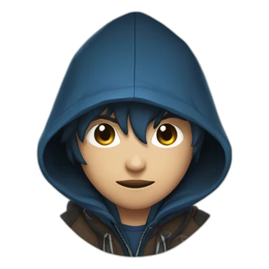 Boy brown developer left side behind his laptop with this style: Valorant Riot Game blue character blue black hooded hacker  sticker