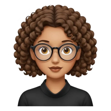 un chica con pelo rizado tiene hecha una coleta y con dos rizos sueltos en la parte de alante que le llega hasta el cuello. luego pil un poco morena ojos marrones y tiene gafas negras y son exagonales pero un poco redondeadas. sticker