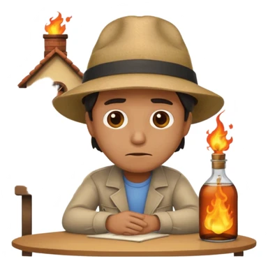 apple style emoji of a man at a table with a bottle, sad expression, house burning in the background sticker
