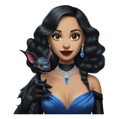relaxed low-cut back silk black evening ball gown with lace gloves, Jenna Ortega as Addams woman wearing a mini diamond tiara, very large blood blue evil-looking horned old dragon hand puppet sticker