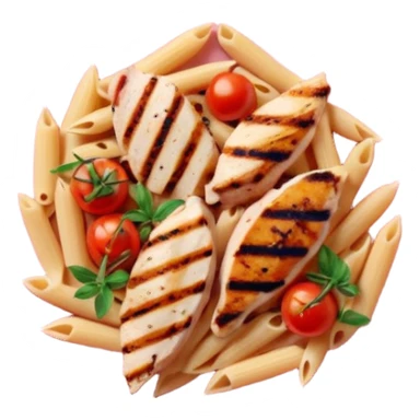 penne with cherry tomatoes and grilled chicken on a pastel pink plate sticker