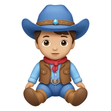 A soft plush baby cowboy doll with a blue hat and tiny boots sticker