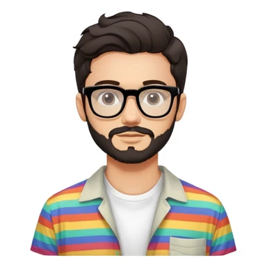 young adult man with light skin, short beard, dark wavy hair, relaxed expression, very wide rectangular glasses with thick black acetate frame and thick double bridge, retro oversized style, colorful open shirt and white t-shirt sticker