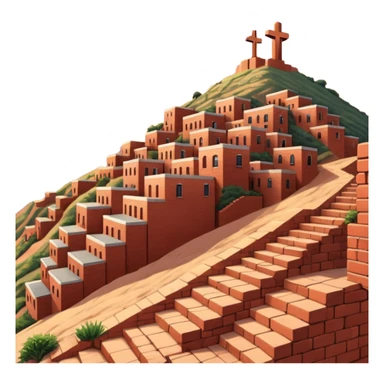 Urban Peruvian hillside neighborhood, brick houses stacked on steep hills of the desert, unfinished red brick buildings,, narrow stairways, electric cables crossing the sky, sunset lighting, realistic style, cinematic, high detail in the desert, cross monument at the top sticker