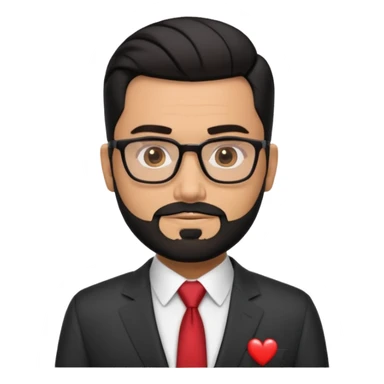 Attractive Hispanic TV host in his mid to late 40s with light brown skin, short straight black hair slicked back with fade on sides, heart handsome face with strong jawline, friendly approachable expression, black beard, wearing glasses sticker