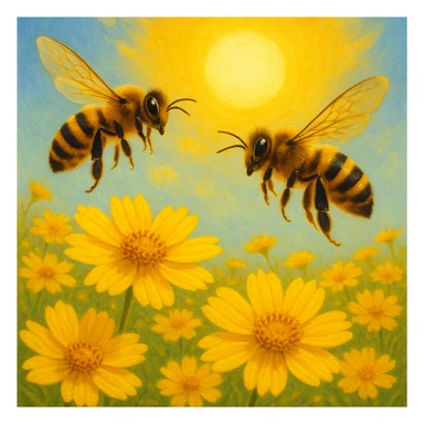 Two bees flying over yellow flowers with a sun in the background, vibrant yellow flowers and bright sun, black and yellow bees, variation 2 sticker