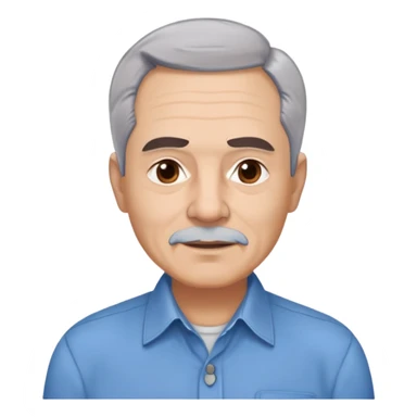 Older Hispanic man in his 60s with light skin, round face, wide jaw, broad cheekbones. Expressive dark brown eyes, thick eyebrows. Short gray/white hair with receding hairline. Well-shaved. Friendly expression. Wearing a button-down shirt in blue. sticker