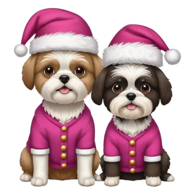two dogs one little white all over shih tzu dog with pink santa hat and one bigger mostly white with black havanese dog wearing red christmas sweater and red christmas hat sticker