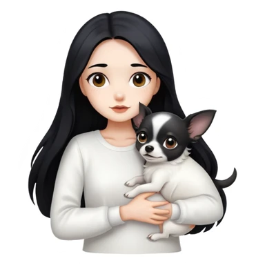 Fair skin girl - long black hair - white clothes - hugging a black chihuahua sticker