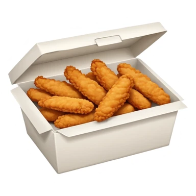 a frontal rectangular white box with no lid, filled with crispy fried chicken fingers sticker