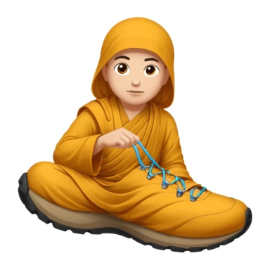 Je voudrais un moine bouddhiste avec un mulet qui pris en direction d’une paire de chaussures de trail, avec une bulle de pensée avec marqué trail sticker