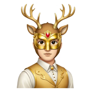 a man, with a vest,  wear half-face golden Deer masquerade mask sticker
