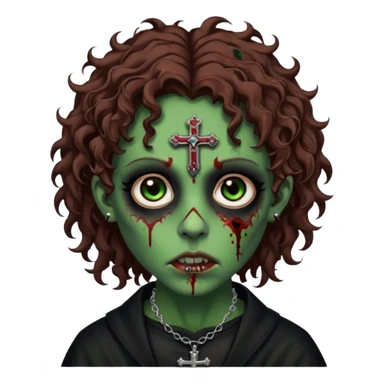 Zumbi verde com olhos castanhos aspecto de que tá sangrando, com cabelo castanho cacheado um piercing do lado esquerdo do nariz, roupa preta e crucifixo como colar, e também delineador  sticker