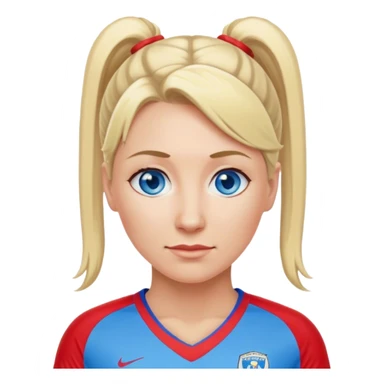 Middle aged woman blue eyes and blonde ponytail playing soccer red jersey sticker