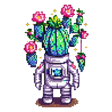 A spacesuit-wearing cactus blooming neon stars instead of flowers, with mini planets on its prickles sticker