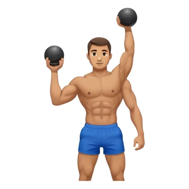 athletic man with blue shorts holding kettlebell sticker