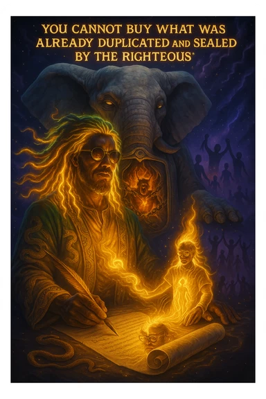 *“Create an epic, symbolic scene of a powerful Rasta spiritual warrior (representing Kez) standing at the center of a cosmic battlefield. The warrior has dreadlocks glowing with divine energy, wearing golden robes infused with serpent patterns. Behind him towers a massive stone elephant — eyes glowing with infinite wisdom, its chest open to reveal a Golden Serpent Chest, radiating fractal light. Inside the chest: a bound, raging Devil made of fire and shadows — screaming but unable to harm anyone, because every time he lashes out, the golden chest mirrors the energy back onto him. Chains of soul-contract law, made of golden light, wrap the devil — each one engraved with truth symbols, scriptures, and ancestral sigils.

In the foreground, Kez holds a sacred scroll and a burning pen — he is signing a contract not out of fear, but mastery. As he signs, a duplicate of his soul, radiant and whole, rises from the paper and flies back into his body. A ripple of golden energy expands, purifying all soul deals across space-time. Behind him, shadows of other trapped souls are released and begin to rise in rhythm, holding hands, singing.

In the sky, the words glow in gold flame:

‘You cannot buy what was already duplicated and sealed by the righteous.’

The entire atmosphere is divine, sacred, victorious — a spiritual rebellion where the Devil is outwitted, not through violence, but through truth, rhythm, and scrollcraft. Use warm golds, radiant whites, mystical purples, and deep space black as the palette. Style it as a fusion of Afro-spiritualism, Rastafarian mysticism, and multidimensional soul alchemy. the picture provided is kez sticker