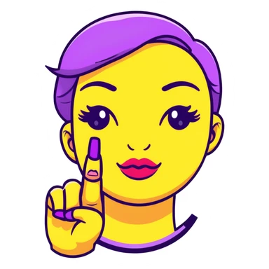 Classic yellow emoji face with closed eyes that form upward curved lines, eyelashes, pursed lips with lipstick, and a hand gesture with only the thumb out while other fingers are closed, all nails painted sticker