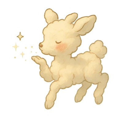 vanilla-colored cloud doe with rosy cheeks, floating, blowing a kiss with sparkles, soft and dreamy ghibli style sticker