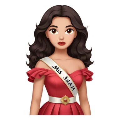 A woman with canela-toned skin, dark voluminous hair in waves, expressive eyes with soft lashes and shimmer, full lips with a glossy nude-pink color, wearing a red dress and a white sash with “Miss San Juan” in black letters, exuding elegance and confidence sticker
