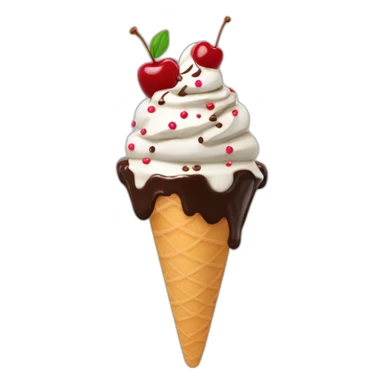 An ice cream sundae with sprinkles, chocolate sauce, and a cherry  sticker