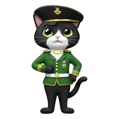 a tuxedo cat with a black mustache waving hi in a green soldier uniform sticker