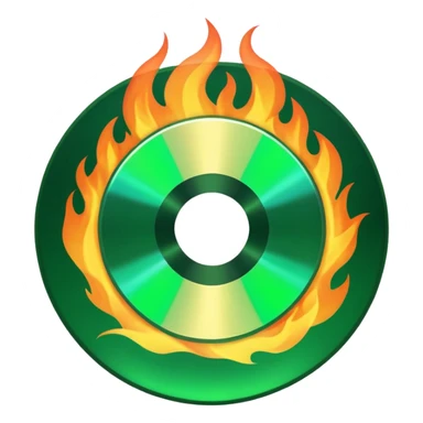 A minimalist CD disc with a subtle fire design, green flames. sticker