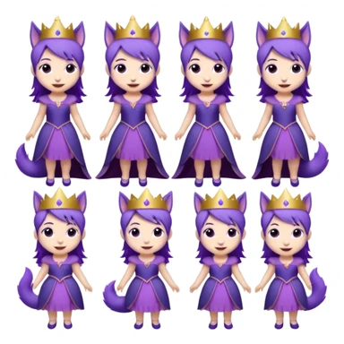 A collection of twelve chibi-style illustrations of a cute princess wearing a purple dress and crown with purple hair and purple wolf ears and purple wolf tail character. Each square shows the character doing something different against a white background And make a gap between each illusion sticker
