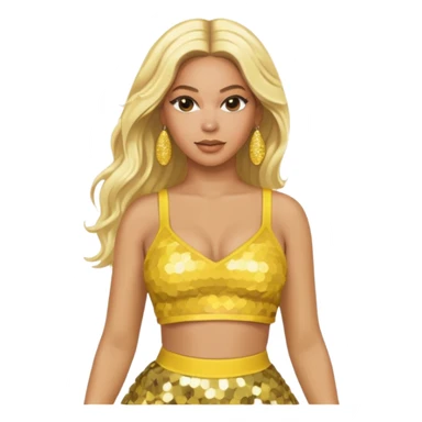 Beyonce with long platinum blonde hair, yellow sequin crop top yellow sequin skirt, gold earring sticker
