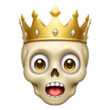 A shocked skull emoji with wide eyes and open mouth, wearing a classic golden emoji crown, Apple emoji style, 2D digital art, transparent background sticker