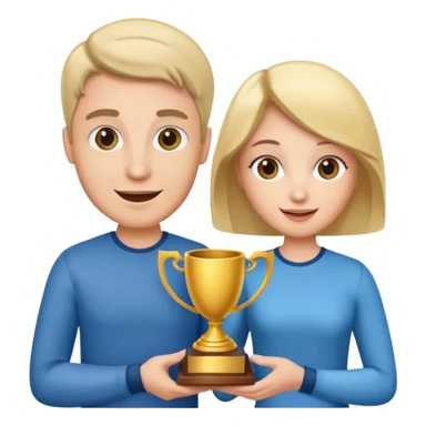 Create an emoji that reflects man & woman that is happy, and that asks a lot of questions and have trophy all around him & her sticker