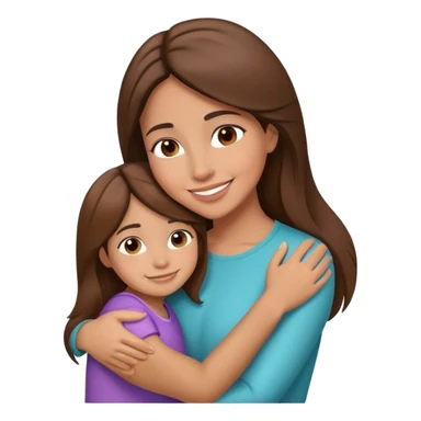 Hispanic mother hugging daughter with straight brown hair hugging sticker