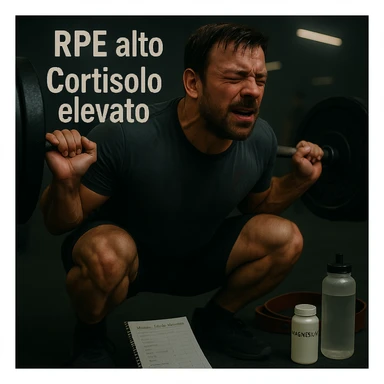 Replace the floating icons above the head with clear and readable Italian text: 'RPE alto' and 'Cortisolo elevato', maintaining the cinematic style and original color palette of the image. sticker
