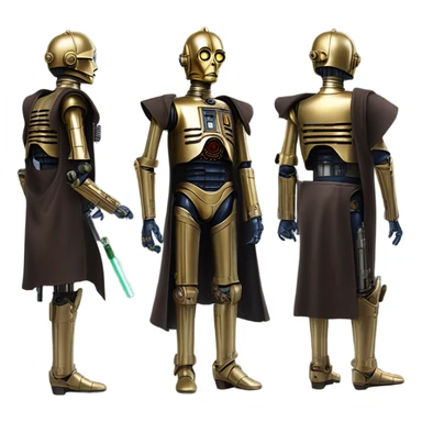 well-equipped jedi first order human-sized darkblue-pearl C3po as a friendly bounty hunter droid wearing a leather attire old west duster coat holding light saber ready to fight but relaxed. antiqued sticker